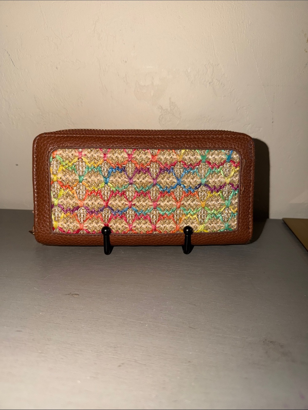Coral Bay Multicolor Woven Straw Wallet with Brown Trim